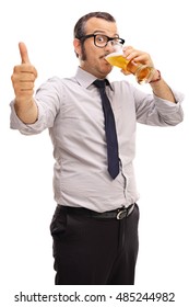 Young Businessman Drinking Beer And Giving A Thumb Up Isolated On White Background