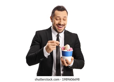 Young Businessman Eating Ice Cream From A Paper Cup Isolated On White Background