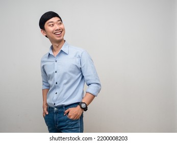 Young Businessman Happy Smile Turn Around To Looking At Copy Space