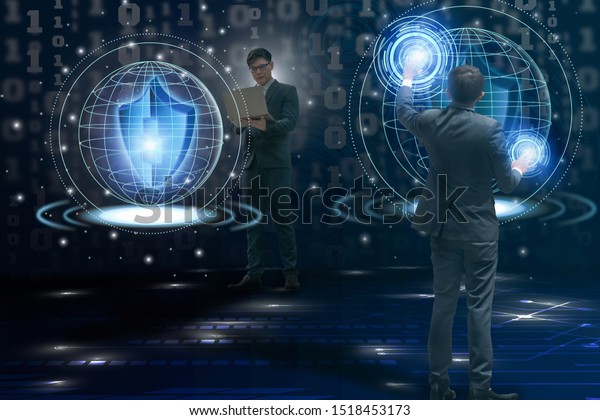 Young businessman holding laptop use hand touch cyber security hologram virtual space futuristic technology with artificial intelligence or AI,concept Super Smart Society 5.0 automation and Cyberspace