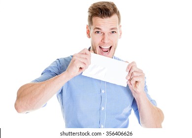 young businessman holds in hand an envelope on a white background