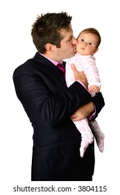 Young Businessman Kissing And Cuddling His Baby Girl, Isolated On White.