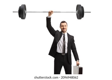 Young Businessman Lifting Weights With One Hand Isolated On White Background