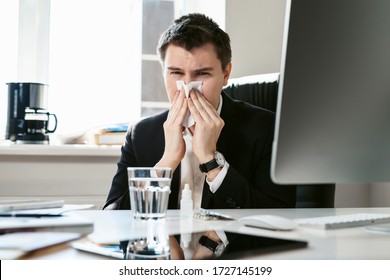 Young Businessman Office Worker Sneezes Coughs Stock Photo 1727145199 ...