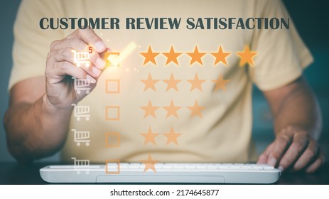 Young Businessman Pointing Pen At Icon,customer Services Best Excellent Business Rating Experience. Satisfaction Survey Concept.writing Online Review With 5 Five Star Rating