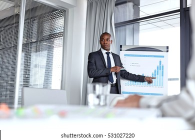 Young businessman pointing towards graph while giving presentation in office