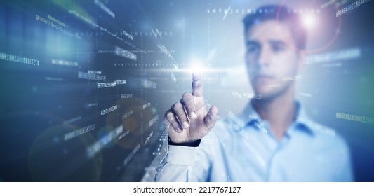 Young businessman pressing a virtual button on touch screen. Concept about innovative network technologies.