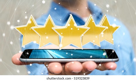 Young Businessman Ranking With His Mobile Phone Using Digital Stars 3D Rendering