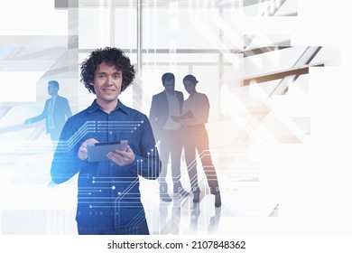 Young businessman smiling with tablet, team working together. Business people with notebook, developer and mobile app. Double exposure with binary and data. Concept of coding