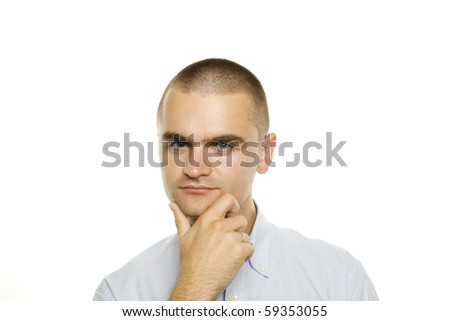 A young businessman is thinking reflects. Hand propping up his chin. On a white background