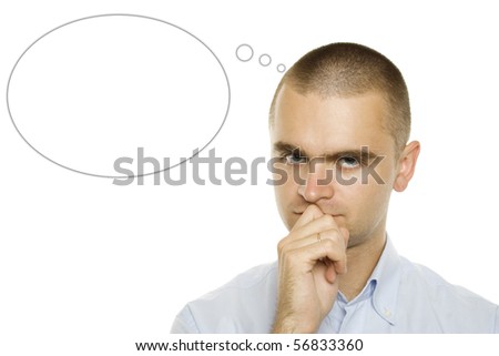 Young businessman is thought balloon. He thinks it reflects. On a white background