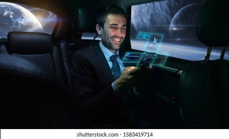 An young businessman is using a futuristic smartphone with the latest advanced augmented reality holographic technology during his travel on space. - Powered by Shutterstock