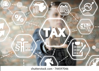 Young businessman using innovative virtual touchscreen presses tax button. Tax payment. Government, state taxes. Data analysis, paperwork, financial research, report. Calculation tax return. - Shutterstock ID 744597046