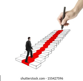 young businessman walking on drawing ladder with red carpet - Powered by Shutterstock