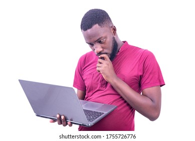 young businessman wearing red t-shirt standing on white background working using a laptop while thinking. - Shutterstock ID 1755726776