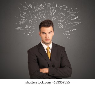 Young businessman with white social icons around his head  - Shutterstock ID 653359555