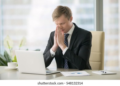 Young Businessman Working With Laptop At Desk, Meditating, Improving Work - Life Balance, Reduce Office Pressure, Stress Free, Increase Productivity, Getting Calm After Meeting, Concentrating On Task