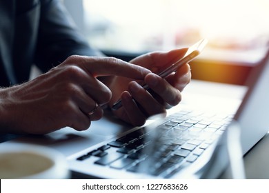 Young Businessman Working With Modern Devices, Digital Tablet Computer And Mobile Phone. New Technologies For Success Workflow Concept