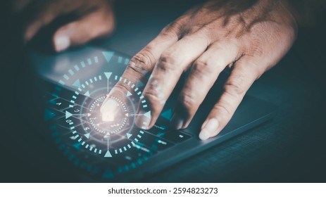 A young businessman's hands are pressing on the keyboard of a tablet to unlock the code. cybersecurity concept on the internet, Digital security unlocking or encryption, authorizing secure logins.