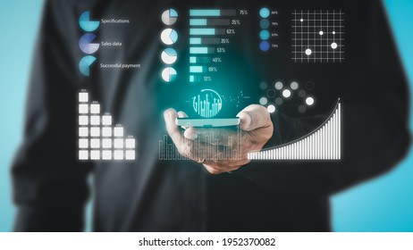 Young Businessmen Use Mobile Phones To Analyze Data Conceptual Image Of Data Collection And Statistical Functions