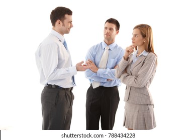 Young Businesspeople Standing Over White Background, Talking, Smiling.