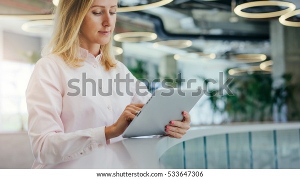 Young Businesswoman Blonde Hair Light Pink Stock Photo Edit Now