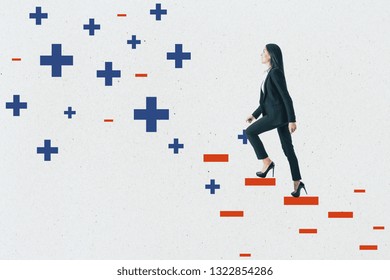 Young businesswoman climbing abstract plus and minus ladder on concrete wall background. Medicine, health and success concept 
