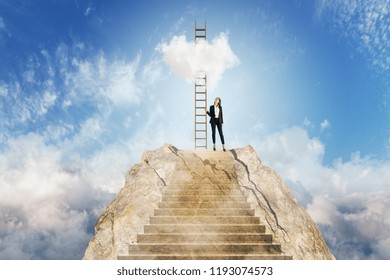 Young businesswoman climbing stairs on beautiful sky background with clouds. Career development and success concept 