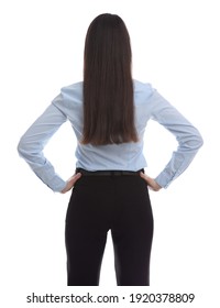 Young Businesswoman In Elegant Suit On White Background, Back View