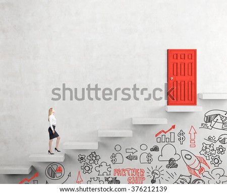 A young businesswoman going upstairs steadily, a red closed door in the wall at the top, business icons below the steps. White background. Concept of career growth.