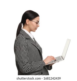 Young Businesswoman With Laptop On White Background