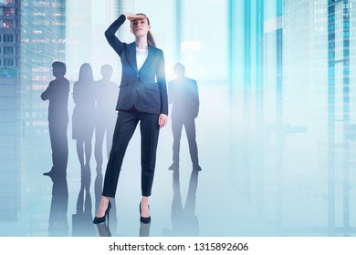 Young Businesswoman Looking Forward With Silhouettes Of Her Colleagues In Background. Double Exposure Of Night City. Business Leadership Concept. Mock Up