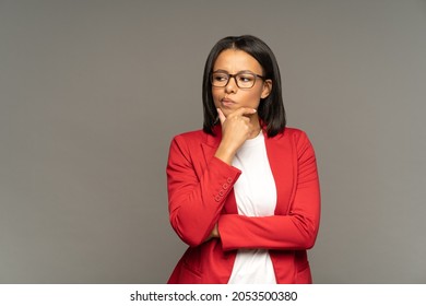 Young Businesswoman Making Important Decision Doubtful Thinking And Pondering On Problem Solution Or Next Step In Strategy Development. Serious African American Female Pensive, Worried And Frustrated