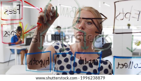 Young businesswoman with marker drawing chart on glass board. Female executive preparing glassboard for presentation in modern office. Woman entrepreneur brainstorming