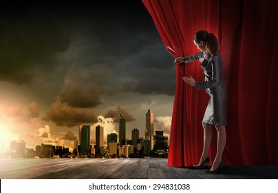 848 Woman Opening Stage Curtain Images, Stock Photos & Vectors 