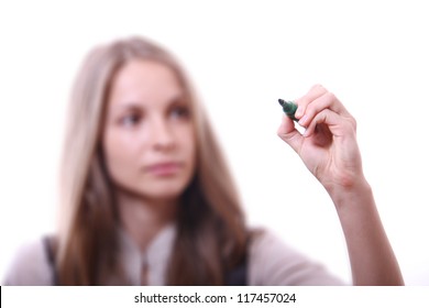 young businesswoman with pen on white - Powered by Shutterstock