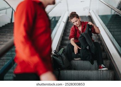 Young businesswoman prepares on an escalator in the city, organizing documents and attire, conveying themes of business, preparation, and urban life. - Powered by Shutterstock