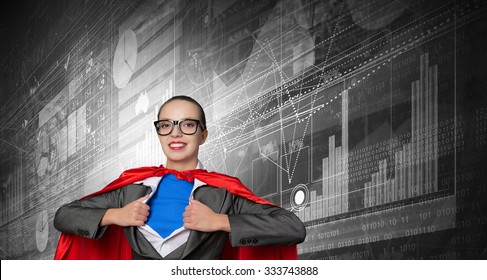 Young Businesswoman In Red Cape Acting Like Super Hero