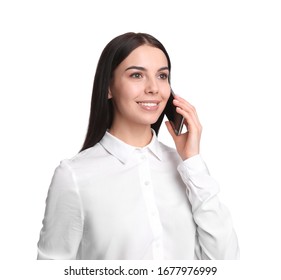 Young businesswoman talking on mobile phone against white background - Shutterstock ID 1677976999