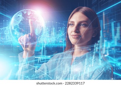 Young businesswoman touching hologram screen with virtual reality..Metaverse technology concept.