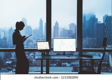 Young Businesswoman Using Touch Pad While Standing Near Office Window With Panoramic Downtown Views Of Metropolis. PC Computer With Financial Statistics Graphs On Monitor. Female Executive 