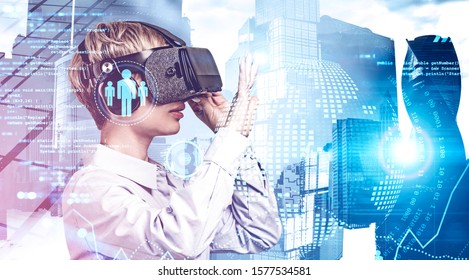 Young businesswoman in VR glasses working with futuristic HUD business interface in modern city. Concept of hi tech and smart city. Toned image double exposure
