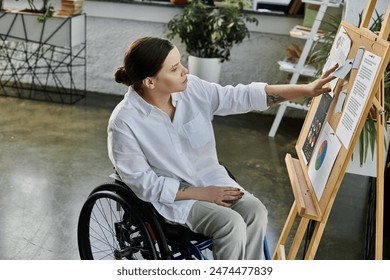 A young businesswoman in a wheelchair works at her desk in a modern office. She is focused on her work and seems confident and capable. - Powered by Shutterstock