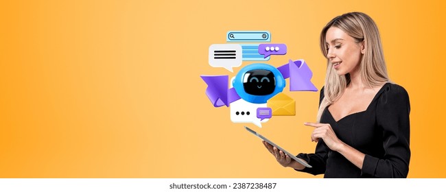 Young businesswoman working with tablet, finger touch chat bot robot icon with search bar, speech bubbles on empty orange background. Concept of virtual assistant and communication