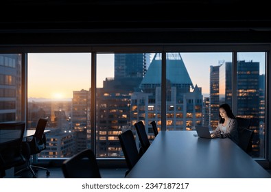 Young busy Asian business woman executive working on laptop at night in dark corporate office. Professional businesswoman manager using computer sitting at table, big city evening view from window. - Powered by Shutterstock