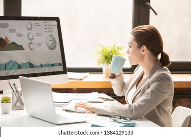 Jeune analyste financier très occupé qui examine les données graphiques sur l'écran d'ordinateur tout en prenant un thé ou un café au travail