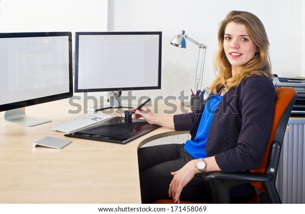 Young Cad Engineer Using Powerful Dual Stock Photo Edit Now