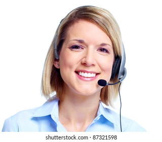 Young Call Customer Center Operator Woman With Headset. Isolated Over White Background