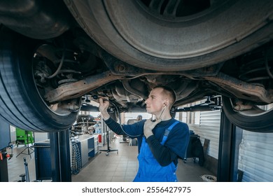 Young car mechanic at repair service station inspecting car wheel and suspension detail of lifted automobile. - Powered by Shutterstock