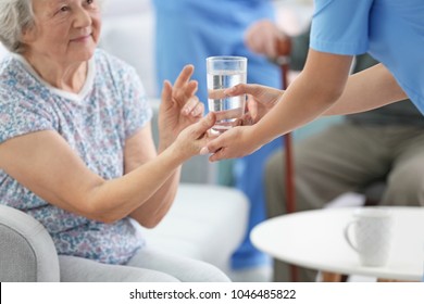 Young caregiver giving glass of water to senior woman indoors - Powered by Shutterstock